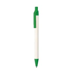 A pen featuring a white barrel and green accents, with a removable cap and a clip for easy attachment.