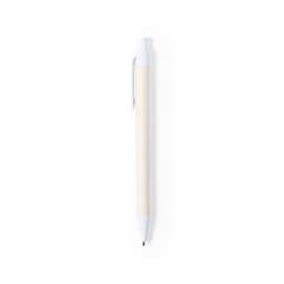 A pen with a creamy colour barrel and white accents, featuring a clip on one side.