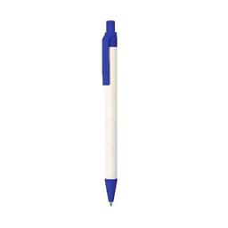 A blue and white pen with a retractable design and a clip for attachment. It features a branding logo on the barrel.