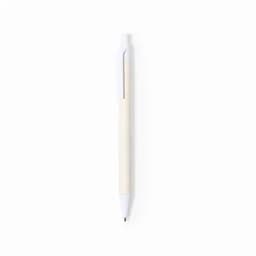 A pen with a white barrel and clip, featuring a black tip and a simple design. It has a logo on the barrel.