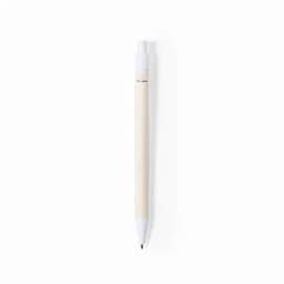 A pen with a natural wood barrel and a white cap and tip, featuring a simple branding logo.