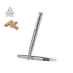 A sleek silver pen made from recycled stainless steel, displayed alongside its packaging.