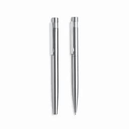 A set of two silver pens with sleek, metallic finishes and clip closures. Each pen has a smooth design.