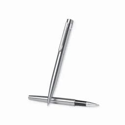 A silver pen with a sleek design, positioned upright next to its cap. The pen features a logo on its body.