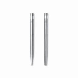 A set of silver metal pens with a sleek design, featuring a clear cap and a branded logo.