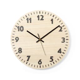 A wooden wall clock with black numbers and hands, featuring a simple and elegant design.