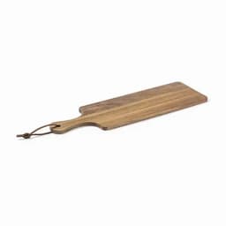 A wooden serving board with a handle and a leather strap, featuring natural wood grain in warm tones.