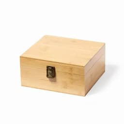A wooden storage box in a light bamboo finish, featuring a metal clasp latch.