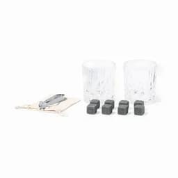 A drink set featuring two crystal glasses, six soapstone ice cubes, and a serving pouch with a tongs.
