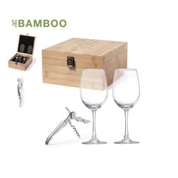 A bamboo gift box containing two wine glasses and a corkscrew. The glasses are clear and elegant.