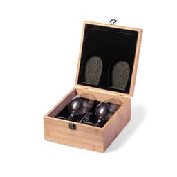 A wooden gift box containing two elegant glasses, secured with a soft lining for protection.