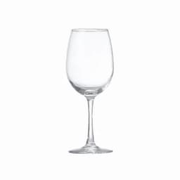A clear glass wine glass with a slender stem and wide bowl. The glass is empty and transparent.