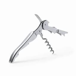 A stainless steel corkscrew with a lever, featuring a blade and bottle opener. It has a polished finish and a sleek design.