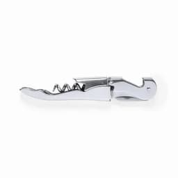 A chrome corkscrew with a sleek design, featuring a spiral tip and a lever for opening bottles.