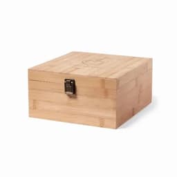 A bamboo gift box with a secure metal clasp, featuring a natural wood finish and a logo.