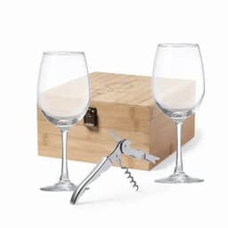 A gift set featuring two clear wine glasses, a silver corkscrew, and a wooden box.