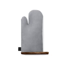 A grey oven mitt with a brown accent at the base and a hanging loop for easy storage.
