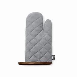 A grey oven mitt with a quilted pattern and a wooden holder. It has a logo on the side.