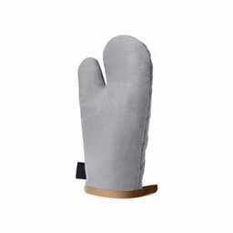 A grey oven mitt with a textured surface and a wooden base for resting. Features a simple design without branding.