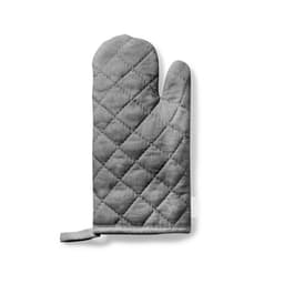 A grey quilted oven mitt featuring a diamond pattern and a hanging loop for storage.