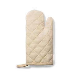 A cream-coloured oven mitt with a quilted pattern and a hanging loop for storage.