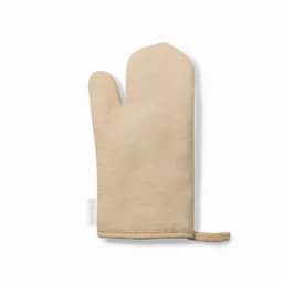 An oven mitt in a neutral beige colour, featuring a textured surface and a hanging loop.