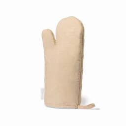 A beige oven mitt with a quilted design and a hanging loop for easy storage.
