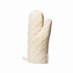 A cream-coloured oven mitt with a quilted texture and a hanging loop for easy storage.