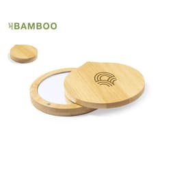 A bamboo compact mirror with a round shape and a natural wood finish, featuring a logo on the surface.