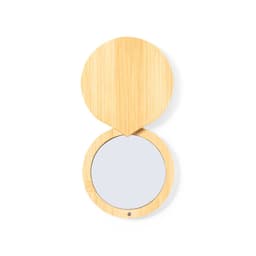 A compact mirror with a bamboo exterior, featuring a simple round mirror inside. It has a natural, light brown colour.