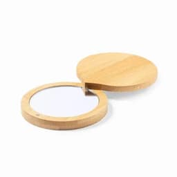 A compact mirror with a round bamboo case, featuring a reflective surface and a natural wood finish.