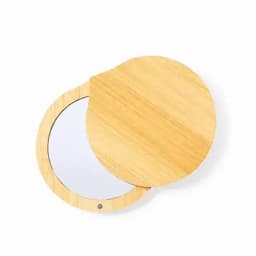 A round mirror with a bamboo exterior. The top cover is partially open, revealing the reflective surface inside.