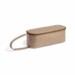 A pencil case in a light brown colour with a zip closure and a handle on the side. It features a simple, minimalist design.