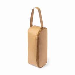 A drink bottle holder in a tan colour with a zip closure and a carrying handle. Features a minimalist design.