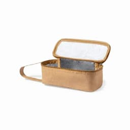 A tan insulated bag with a silver interior and a handle, designed for keeping contents cool or warm.