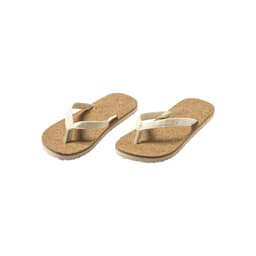 A pair of cork flip-flops with beige straps and a textured sole, featuring a simple and casual design.