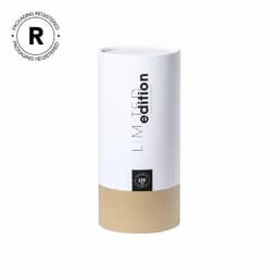 A cylindrical packaging container in white and brown with a logo and "Limited Edition" text.