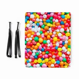 A vibrant patterned product featuring an array of colourful spheres, accompanied by two black straps.