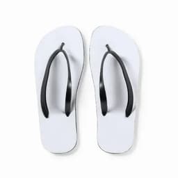 A pair of flip-flops featuring a white sole and black straps. The design is simple and classic.