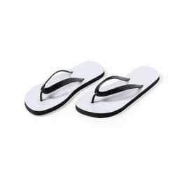 A pair of flip-flops featuring a white footbed and black straps. They have a minimalist design.