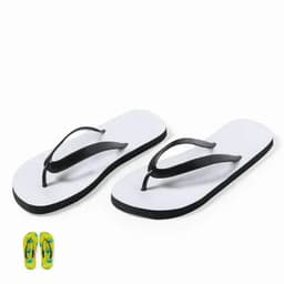A pair of flip-flops with a white sole and black straps, alongside a smaller pair featuring a colourful design.