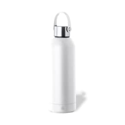 A drink bottle in white with a silver lid, featuring a handle and a sleek design. It has a logo on the front.