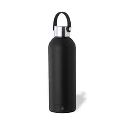 A drink bottle in matte black with a silver cap and a carrying handle. It features a logo on the body.