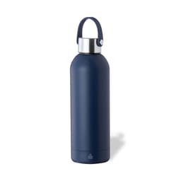 A drink bottle in navy with a stainless steel cap and a carry handle, featuring a logo.