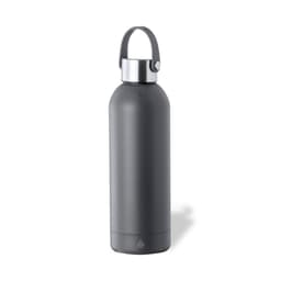 A drink bottle in dark grey with a silver lid and a carrying handle. It has a sleek, minimalist design.
