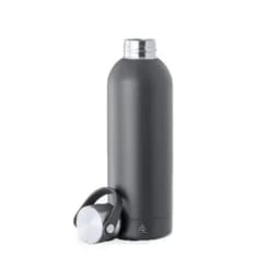 A drink bottle in matte black with a silver lid and a handle, featuring a logo at the base.