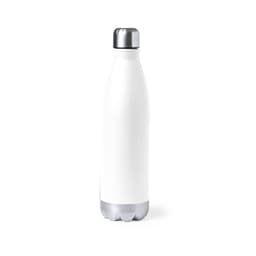 A drink bottle in white with a silver cap, featuring a simple design and a smooth finish.