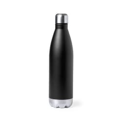 A drink bottle in black with a silver cap and base, featuring a smooth finish and a logo.