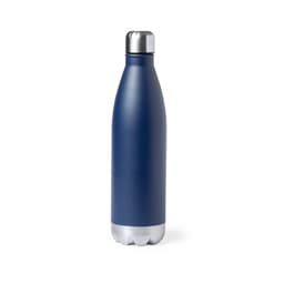 A drink bottle in navy blue with a silver base and a metallic lid, featuring a logo.