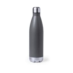 A drink bottle in matte grey with a silver bottom, featuring a stainless steel cap and a sleek design.
